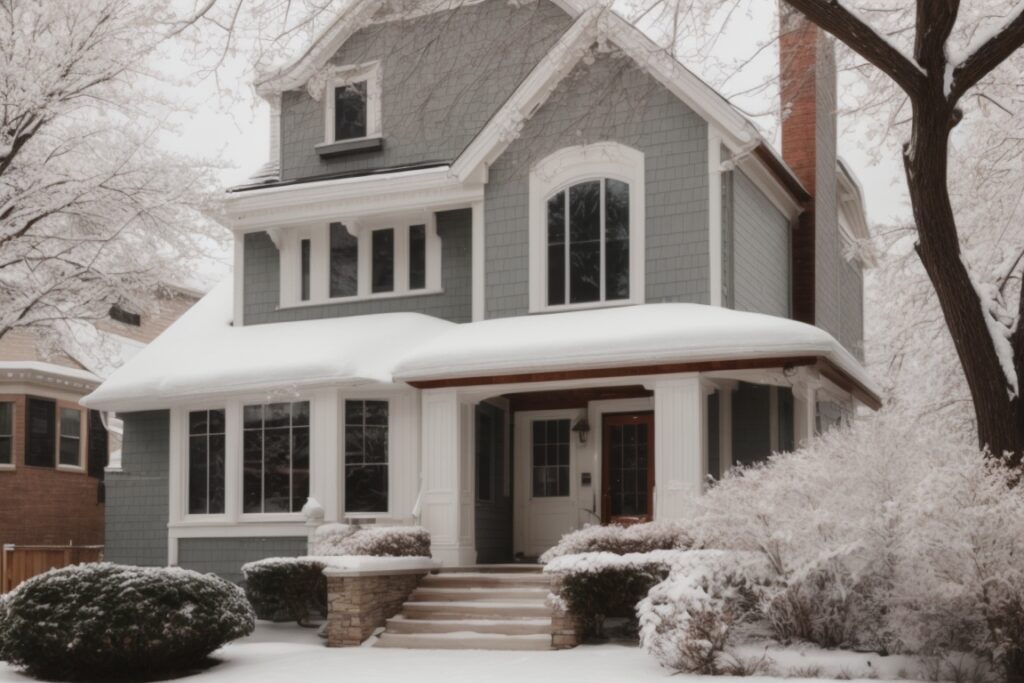 Chicago home exterior with insulating window film during winter