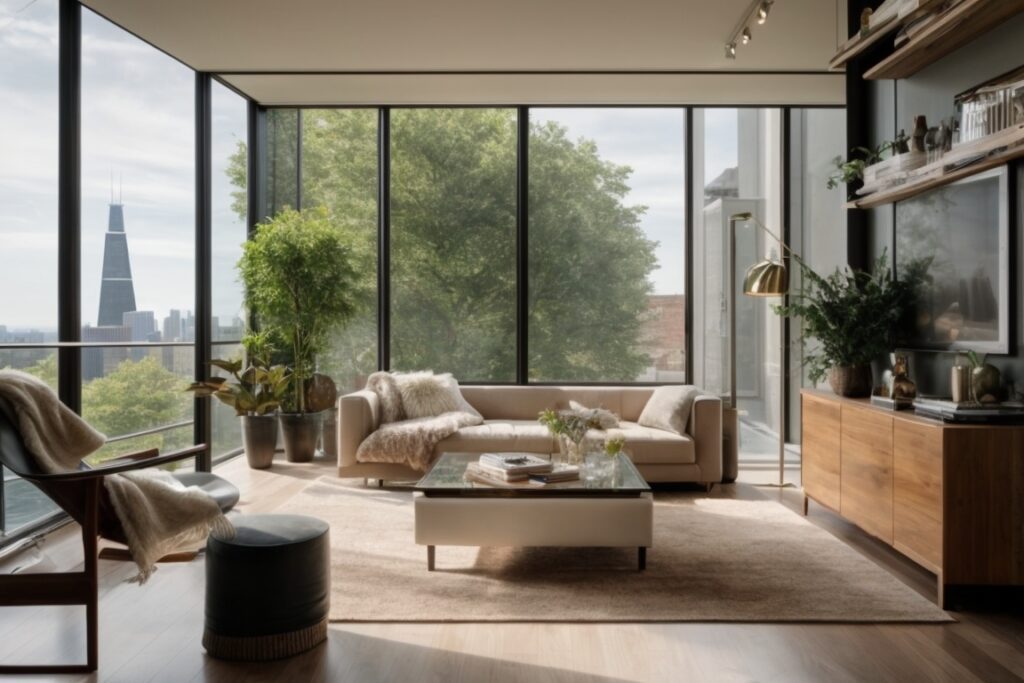 Chicago home interior showcasing clear energy-efficient window film, with visible sunlight reflection