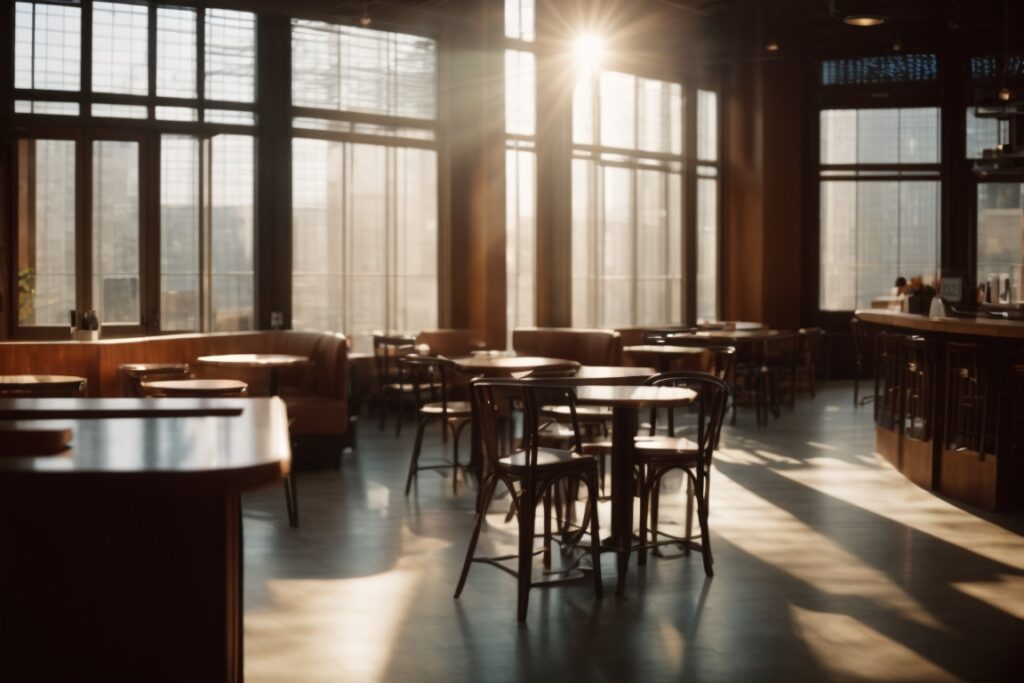Chicago cafe interior with sunlight filtering through frosted window films