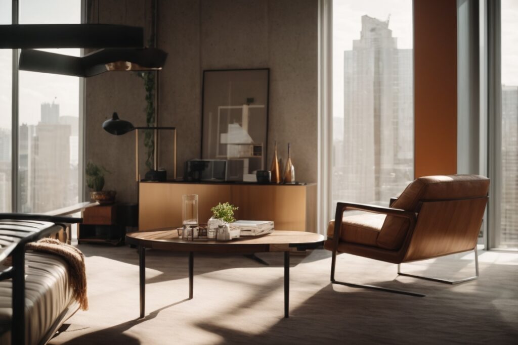 Modern urban apartment interior with sunlight filtering through glare reduction window film