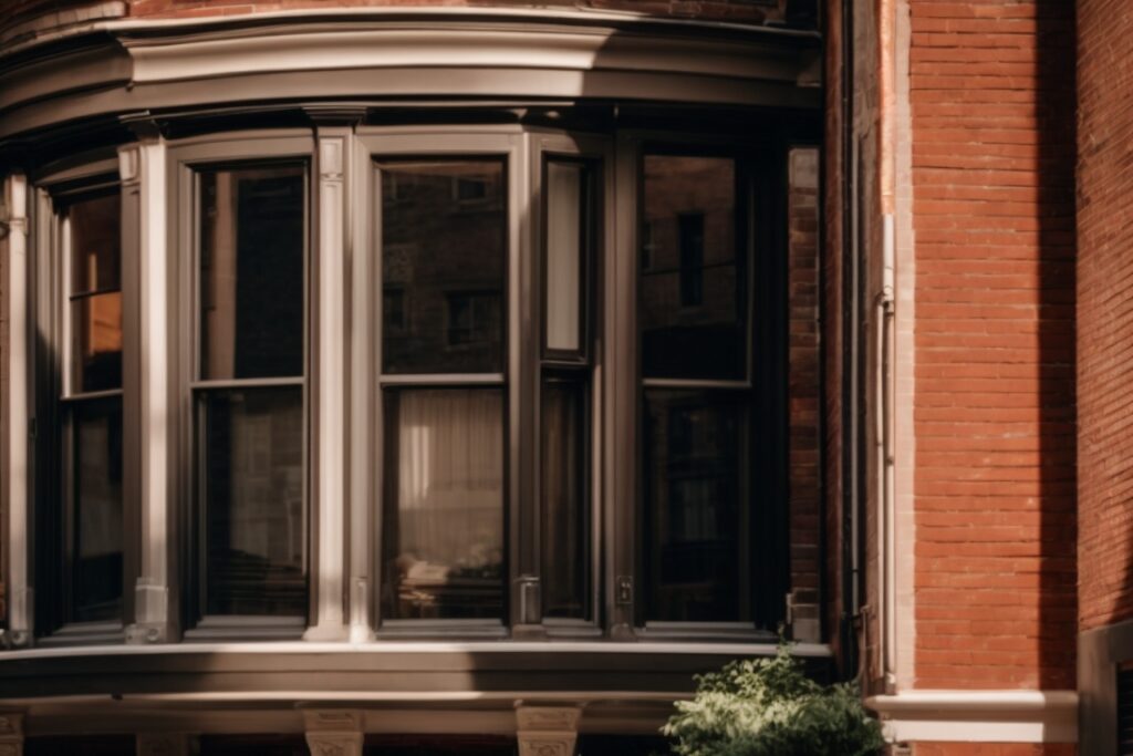 Chicago brownstone with reflective window film, sunlight reflection