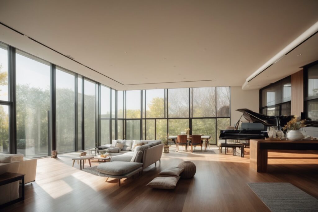 Chicago home interior with natural light through frosted window films, energy-efficient and private