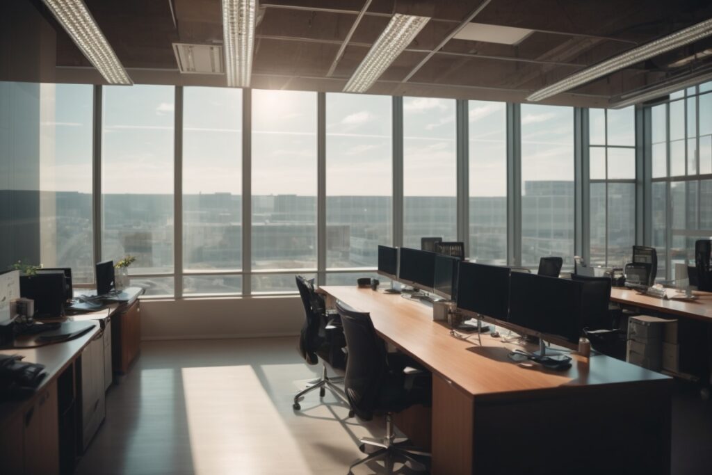modern office interior with glare window films on large windows