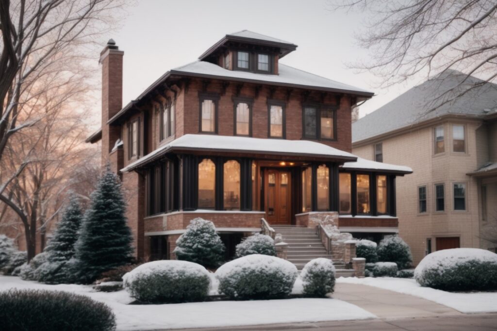 Traditional two-story Chicago home with thermal window film, winter setting