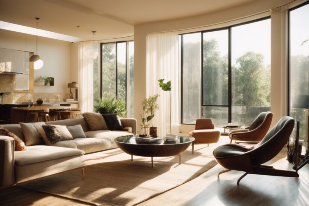 interior of a sunlit living room with UV blocking window film
