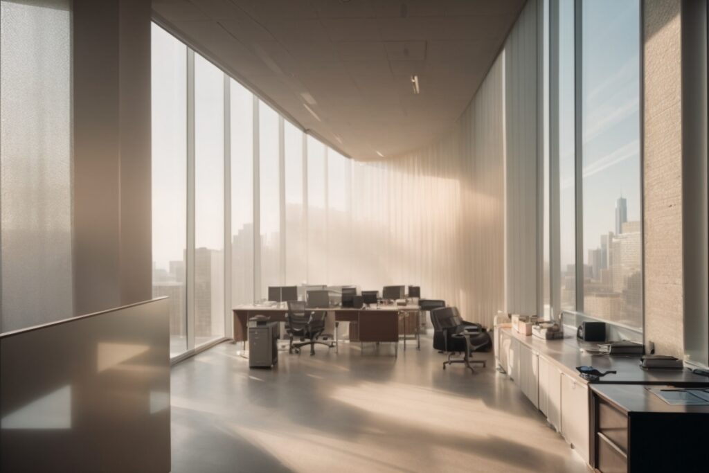 Chicago office interior with frosted opaque windows, diffusing sunlight