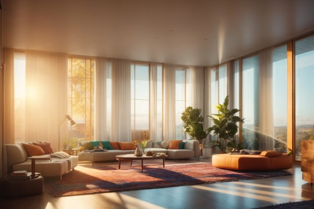 Interior of a vibrant living room with sunlight filtering through fading window films