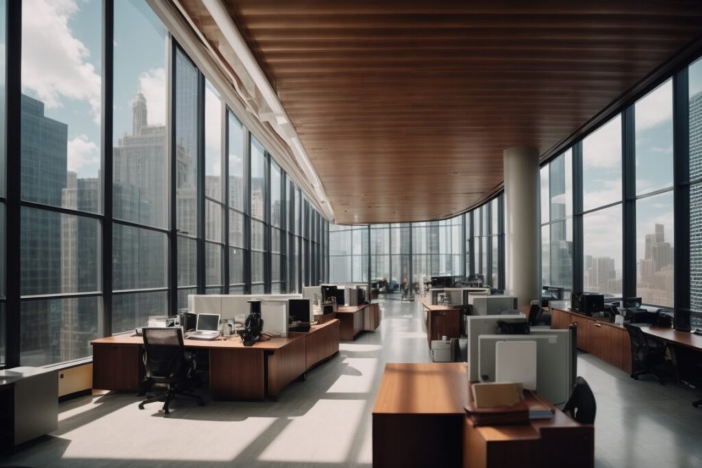 Downtown Chicago office interior with opaque windows and modern design