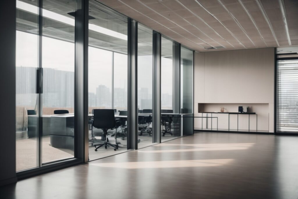 modern office interior with insulating window film, low-E properties