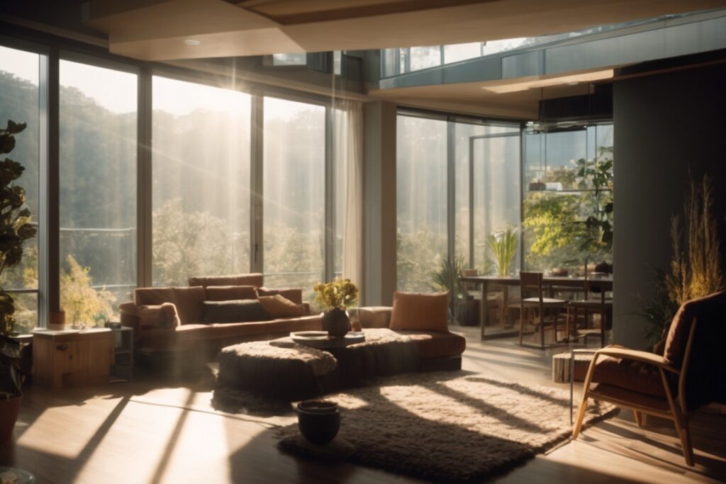 Interior room with sunlight filtering through glare reduction window film