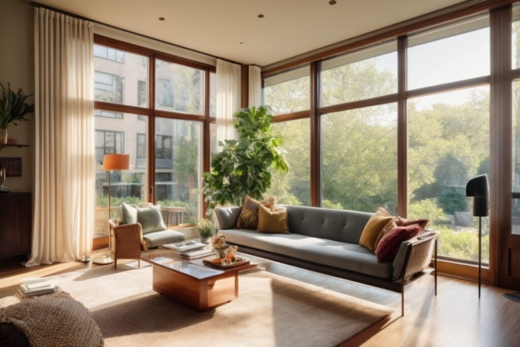 Chicago home interior with UV-resistant window film, vibrant living room, sunlight filtering through