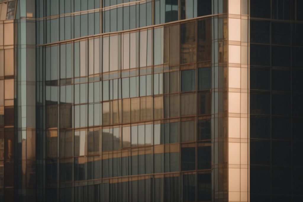 commercial building in Chicago with tinted windows reflecting sunlight