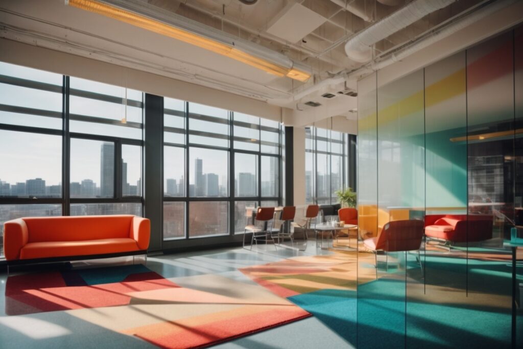 Interior of a Chicago office with colorful furnishing and sunlight streaming through fade prevention window film
