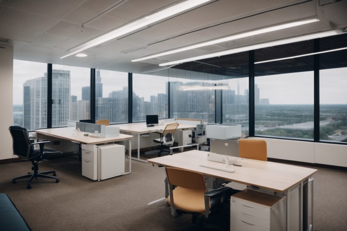 Chicago office interior with climate control window film, energy-efficient workspace