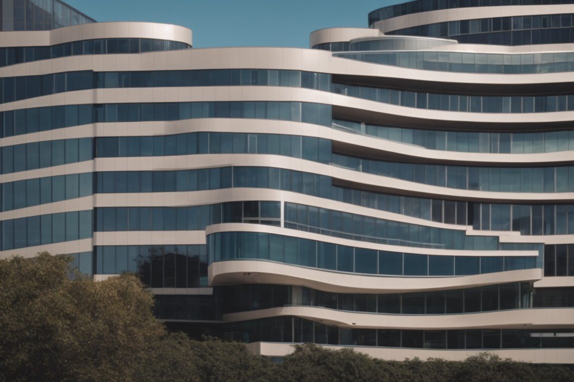 modern office building with sleek, tinted window film