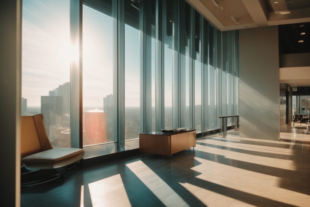 Bright sun shining through tinted window films in a modern Chicago office