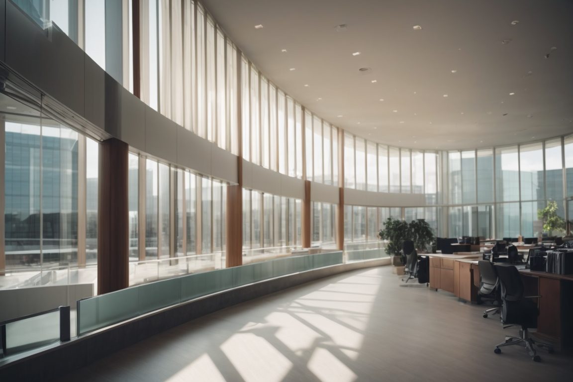 modern office building interior with sun control window films