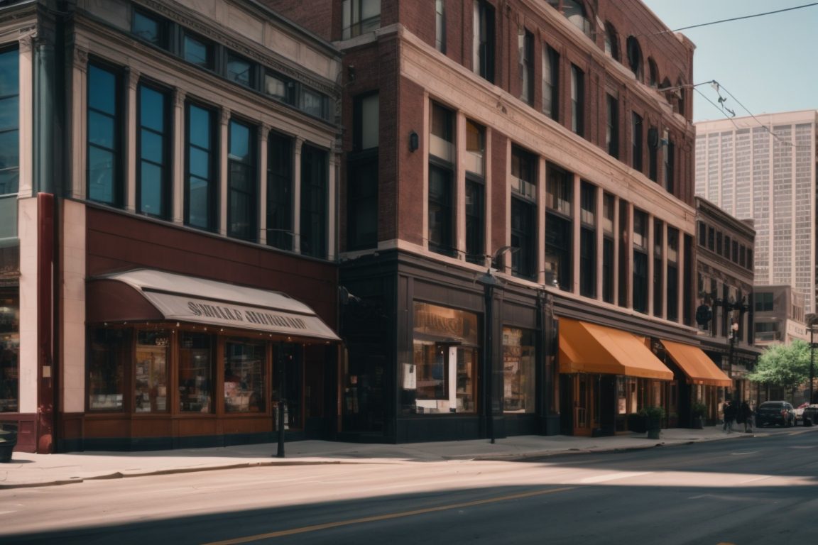 Chicago retail district street with vibrant tinted storefront windows and sun protection