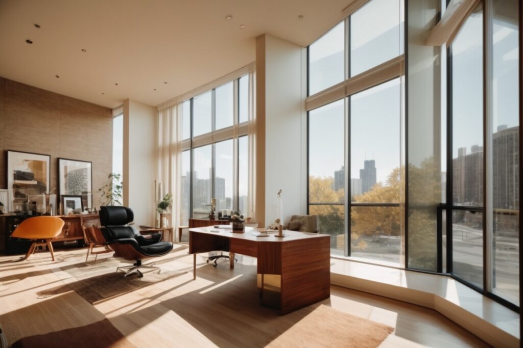 Interior of a sunny home office in Chicago, showing UV protective window tinting