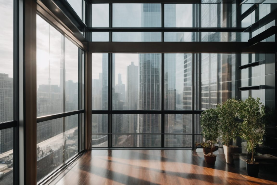 Chicago building interior with large glass windows featuring heat control window film