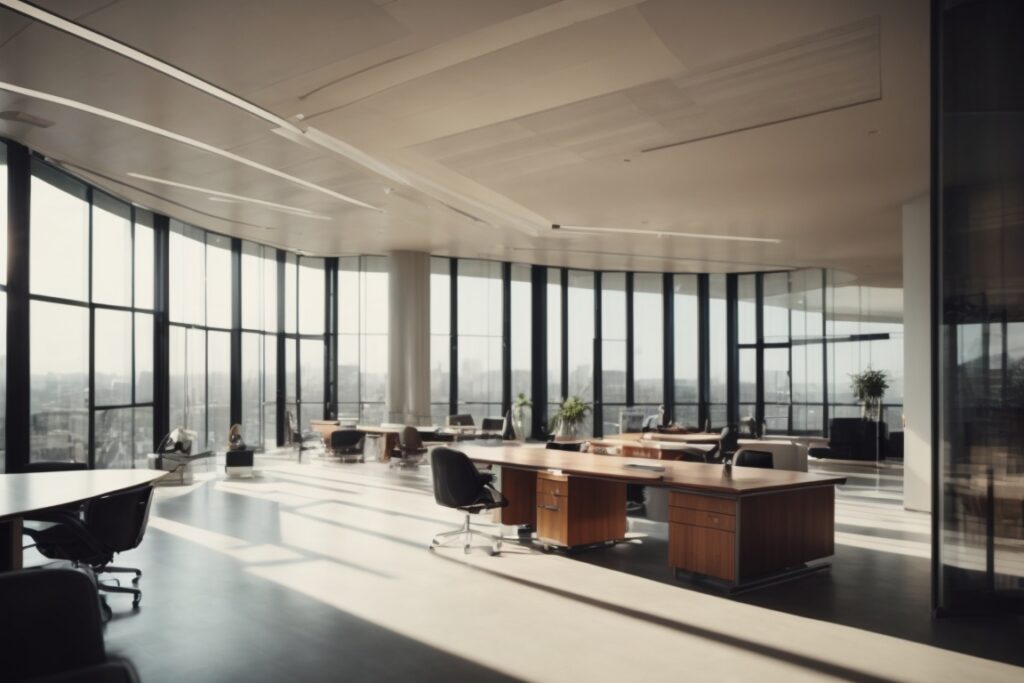 interior of modern office with opaque windows and sunlight filter