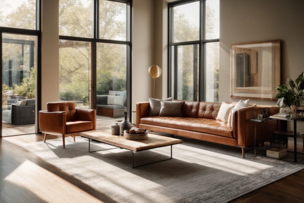 Chicago home interior with heat blocking window film, comfortable sunlit living room with faded furniture